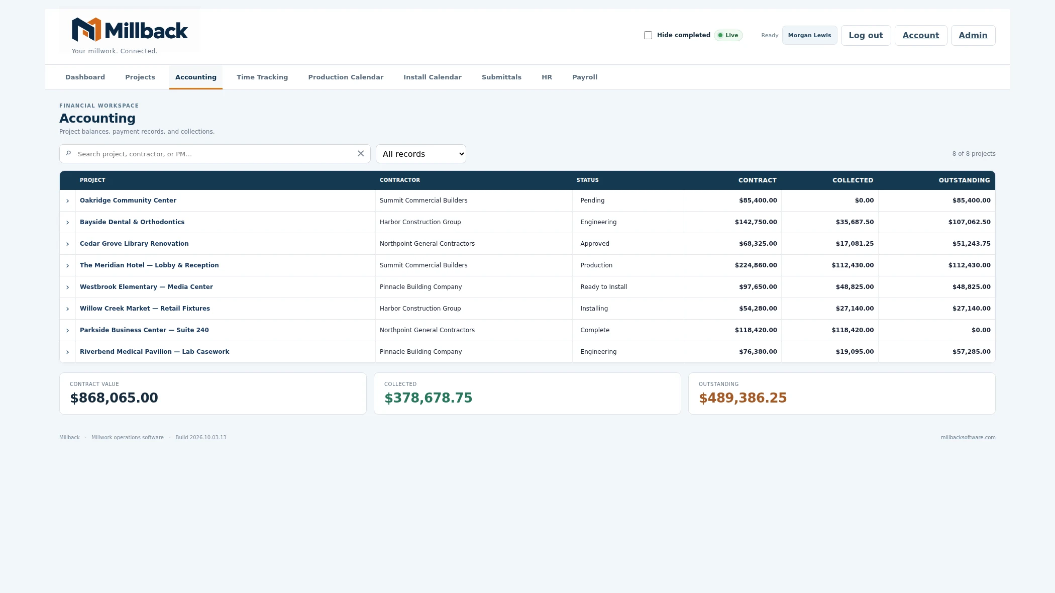 Millback accounting ledger and project payment records.