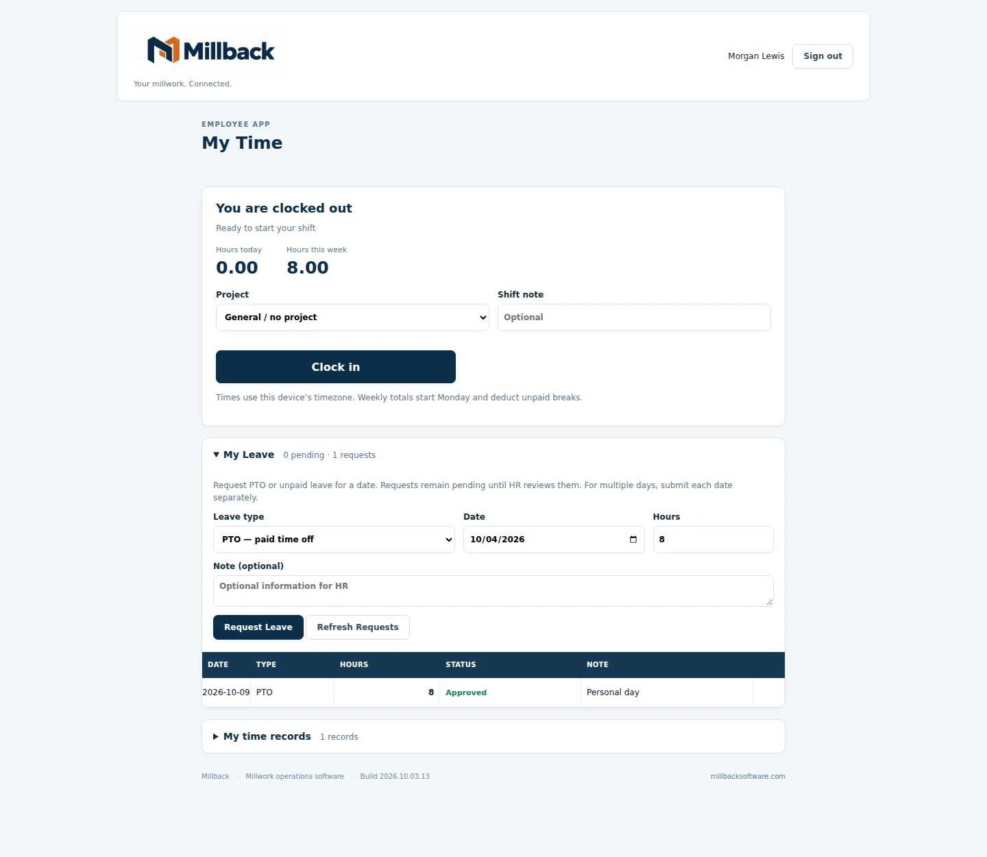 Millback My Time on a desktop screen