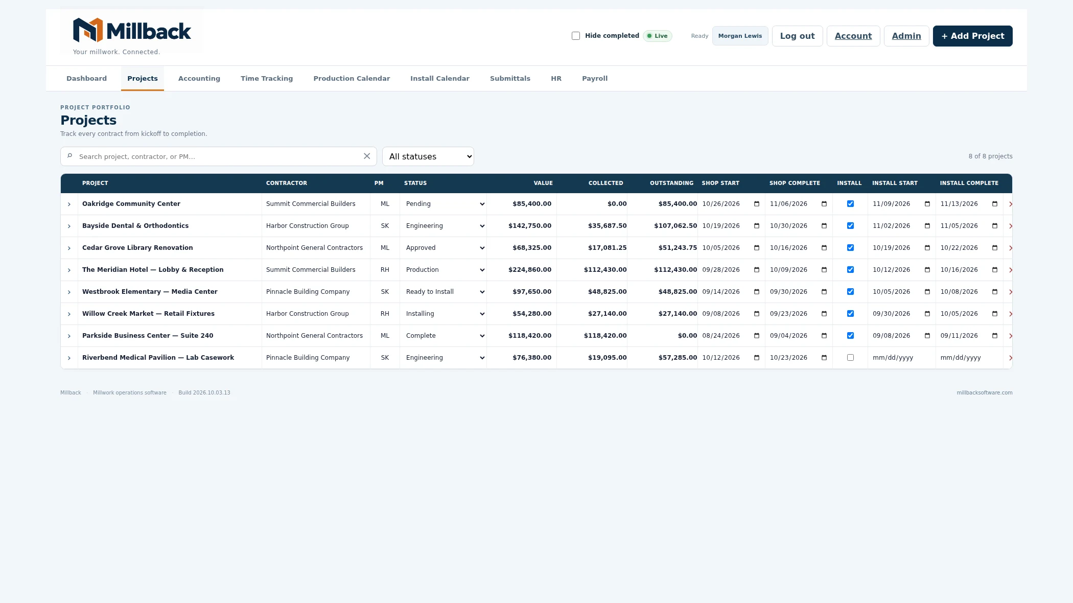 Millback project table with status colors, contract values, collections, and production and installation dates.